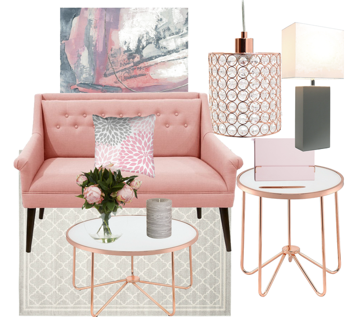 Blush Crush: Blush Pink, Rose Gold & Gray Living Room Mood Board