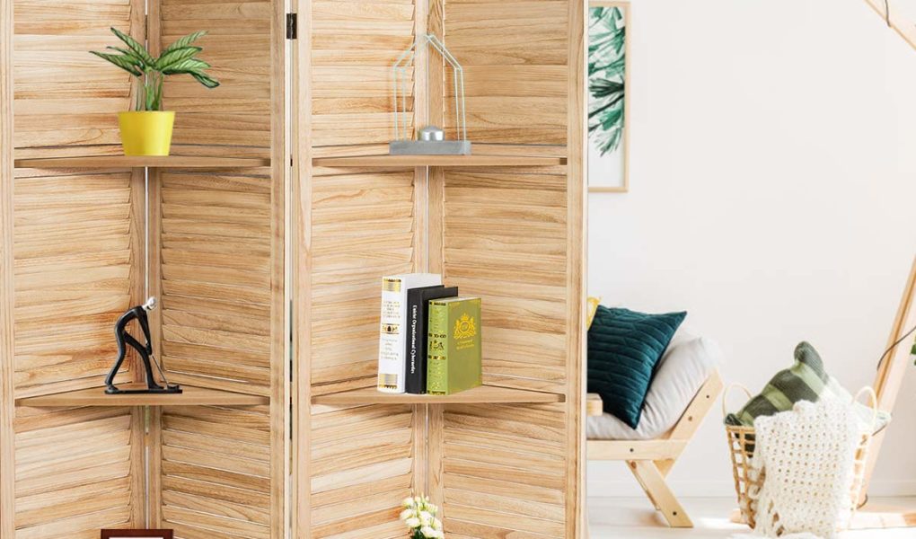 wood folding room divider screens with shelves