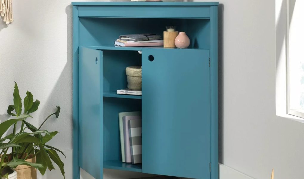 blue corner storage cabinet