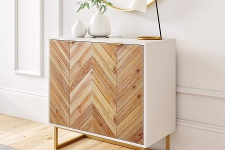 scandinavian white and wood entryway storage cabinet