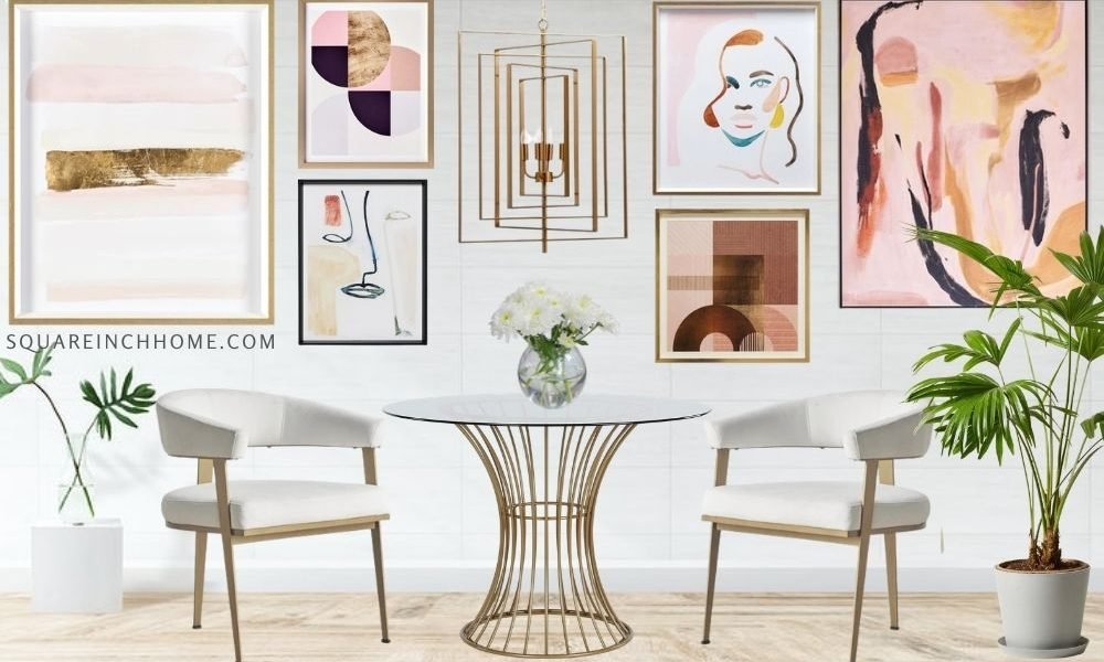 luxe gold and blush gallery wall dining room