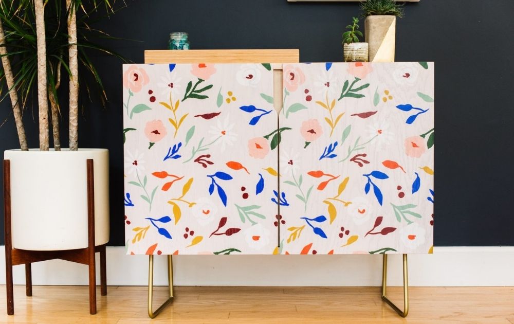 small modern credenza with floral door