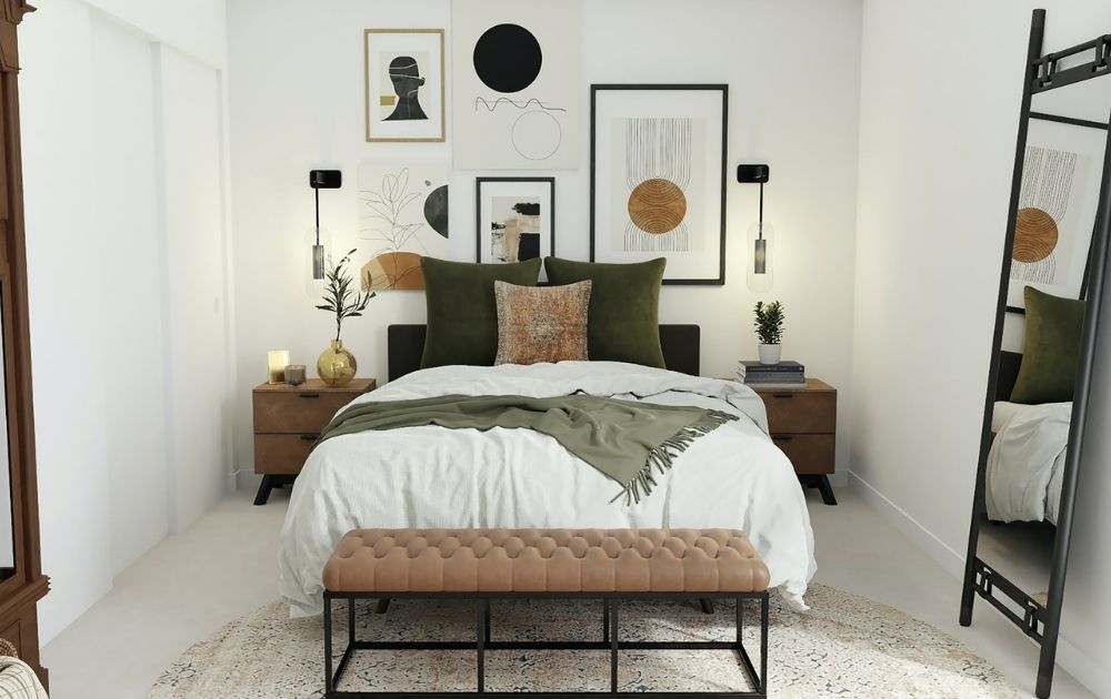 gree and brown earthy bedroom decor