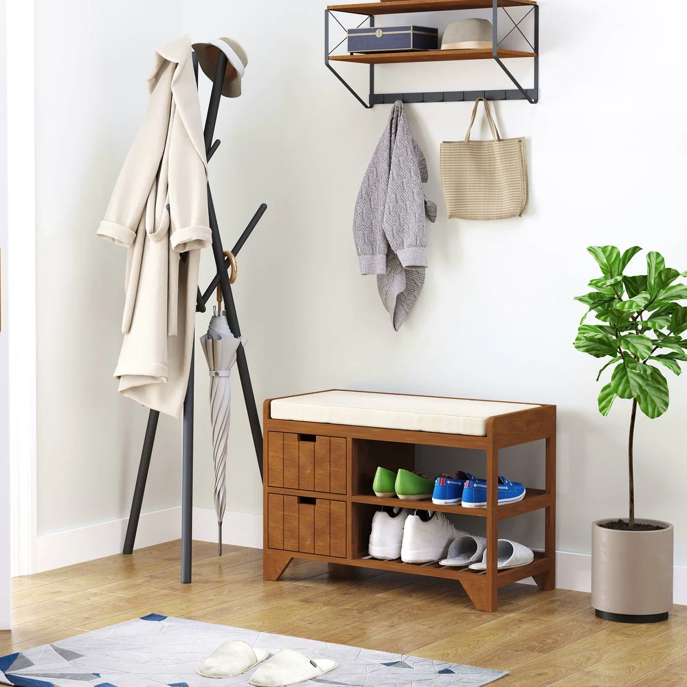 small wooden entryway bench with storage