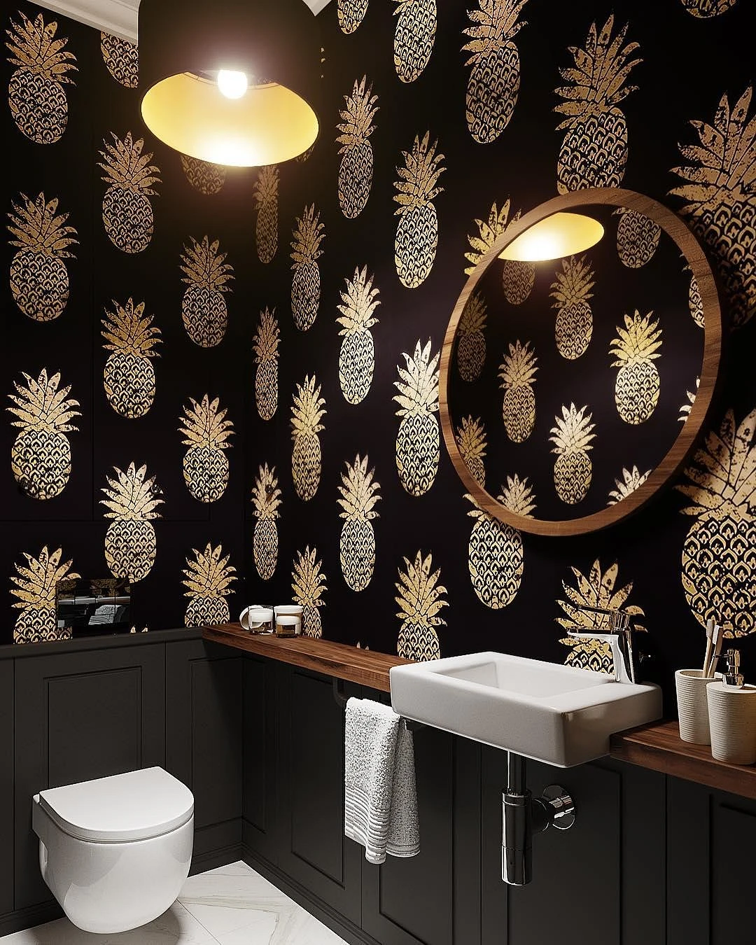 black and gold moody powder room