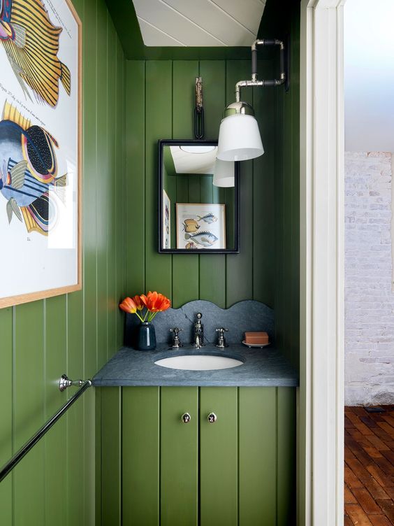 dark olive green powder room