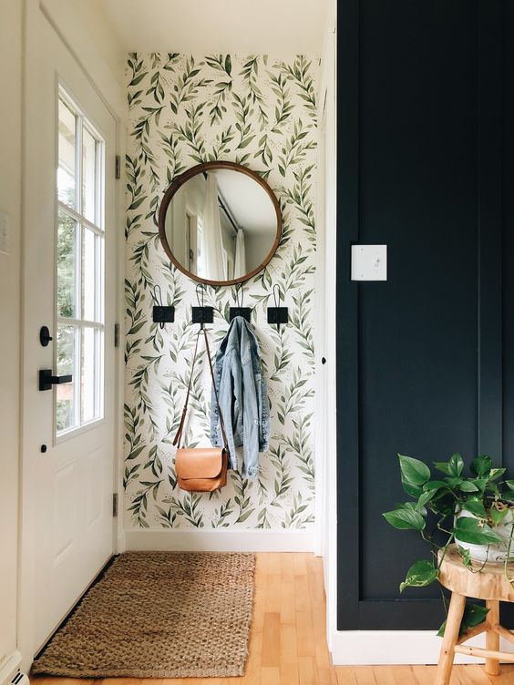 tiny entryway with floral wallpaper