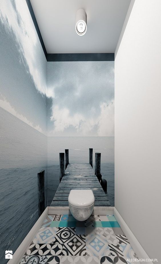 landscape wallpaper in small bathroom