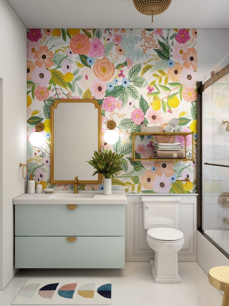 colorful floral accent wall in bathroom